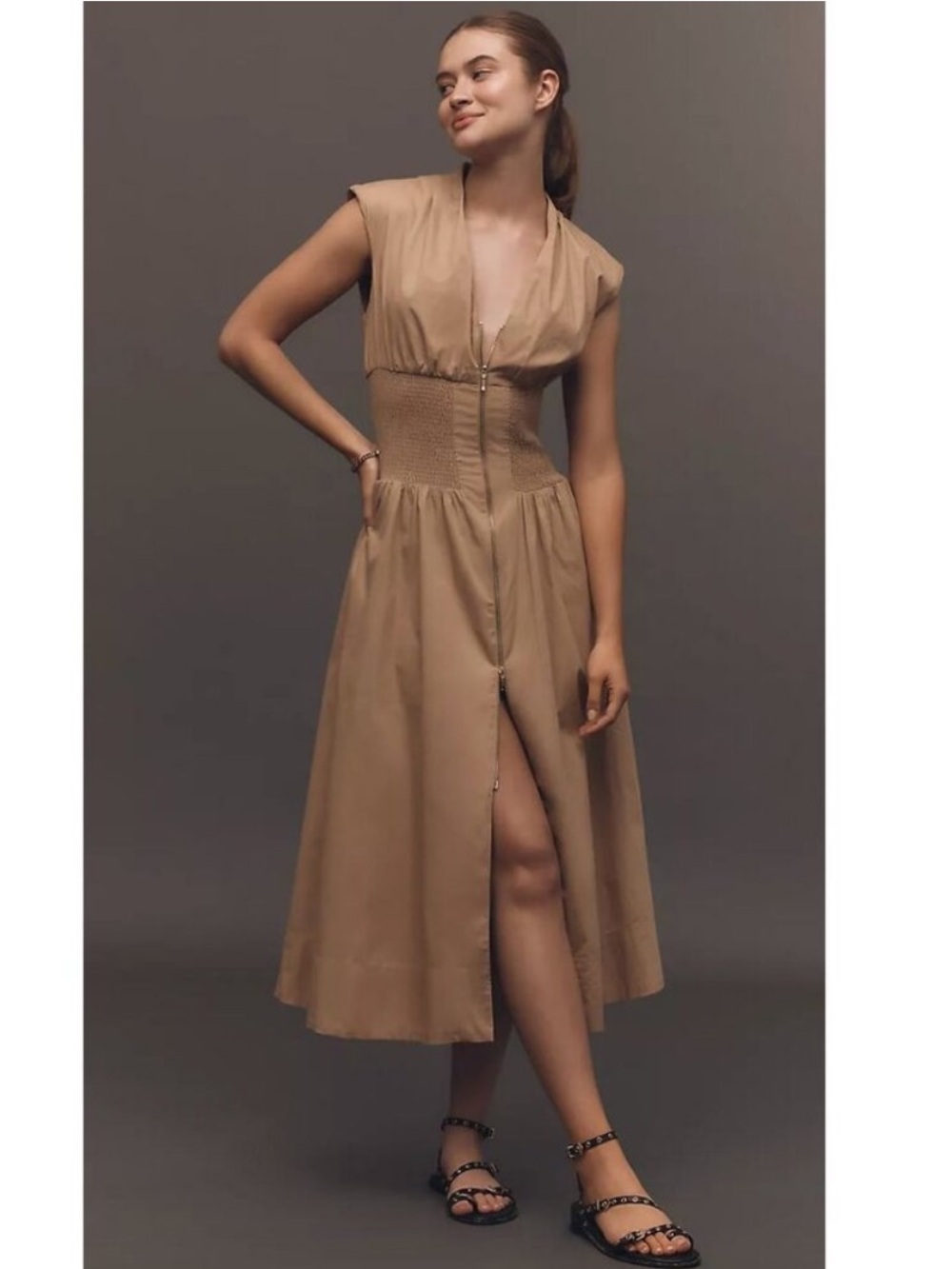 Anthropologie Dress Tommie Smocked V-Neck Zip Midi in Khaki Tan